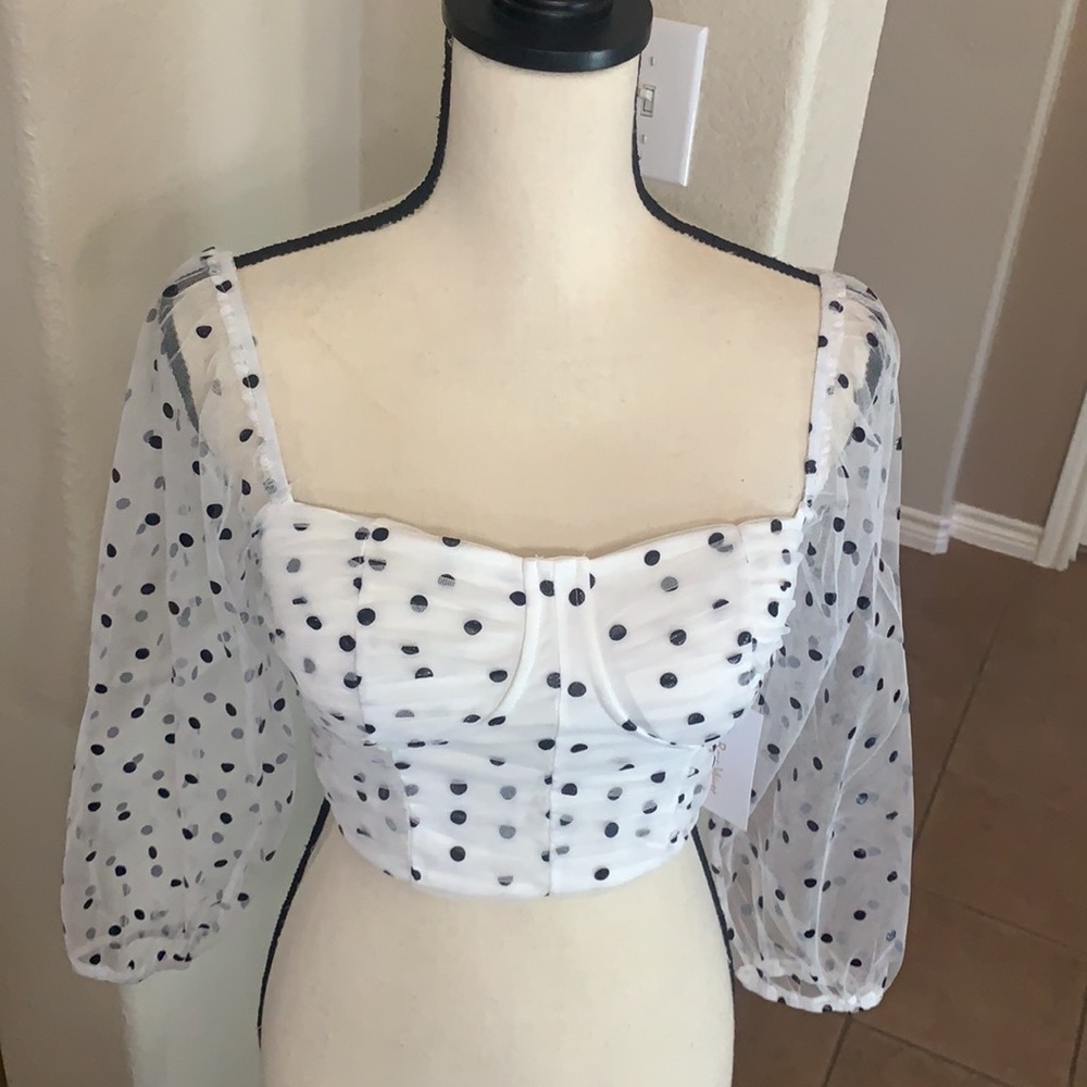 Rose Velvet white & black polka dot crop top with sheer Bishop sleeves. Size S